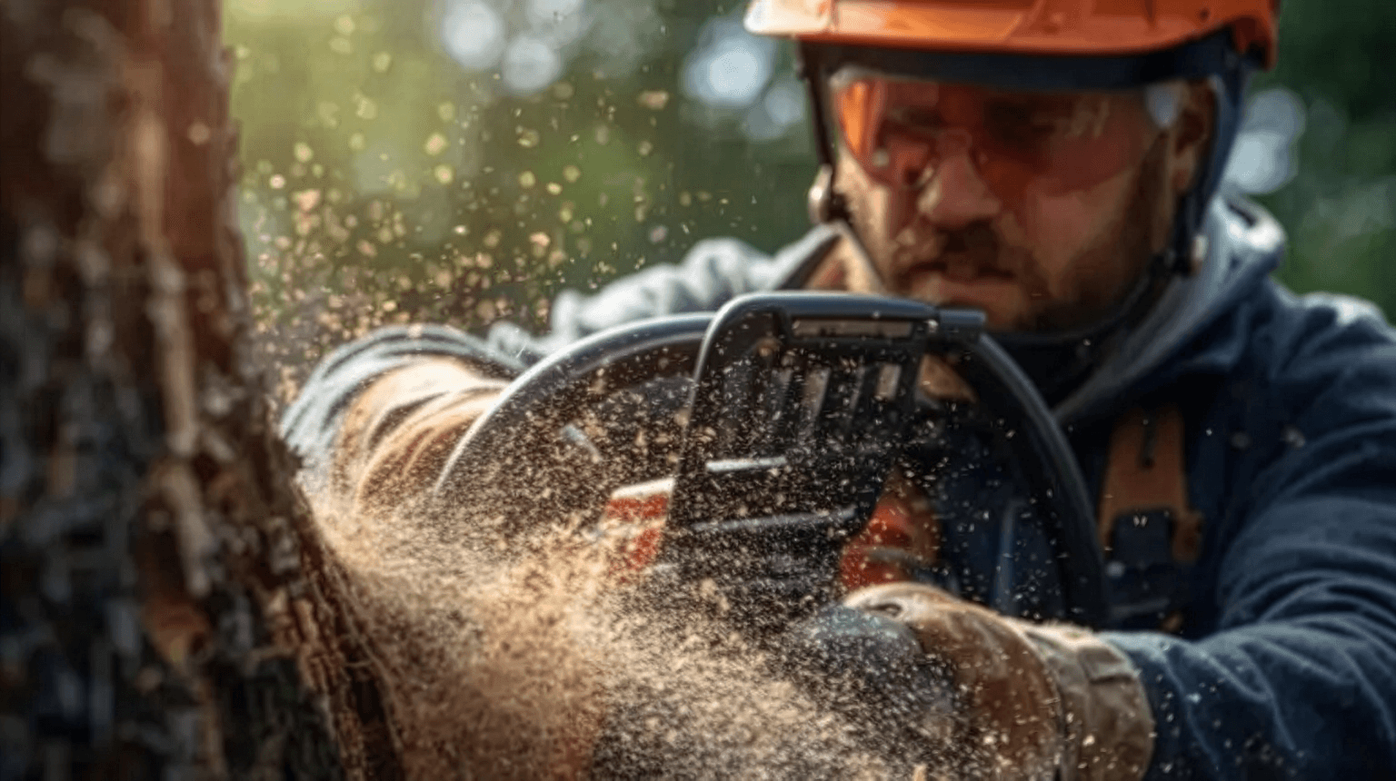 A green industry crew working on a property at sunrise