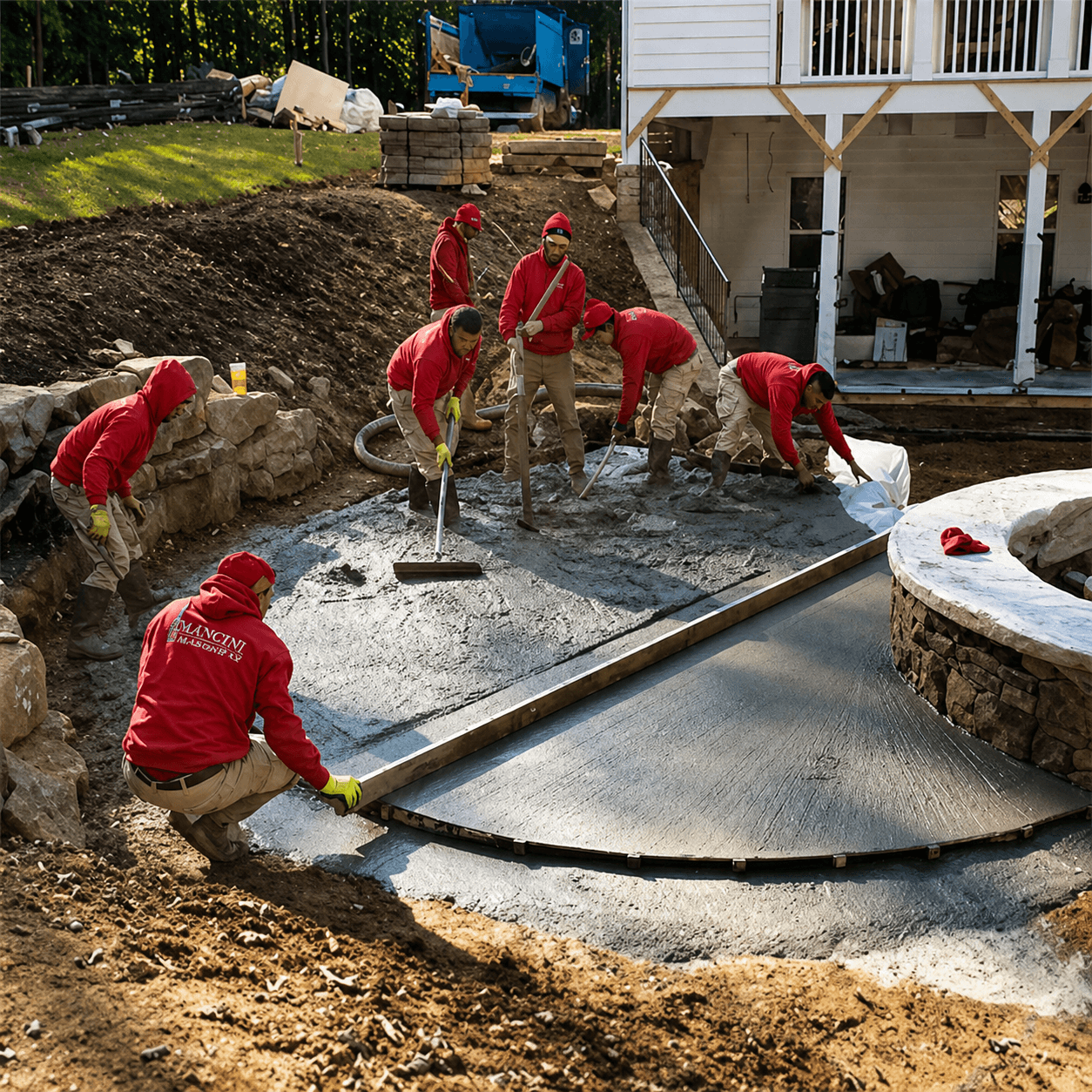 Landscaping crew installing a hardscape patio